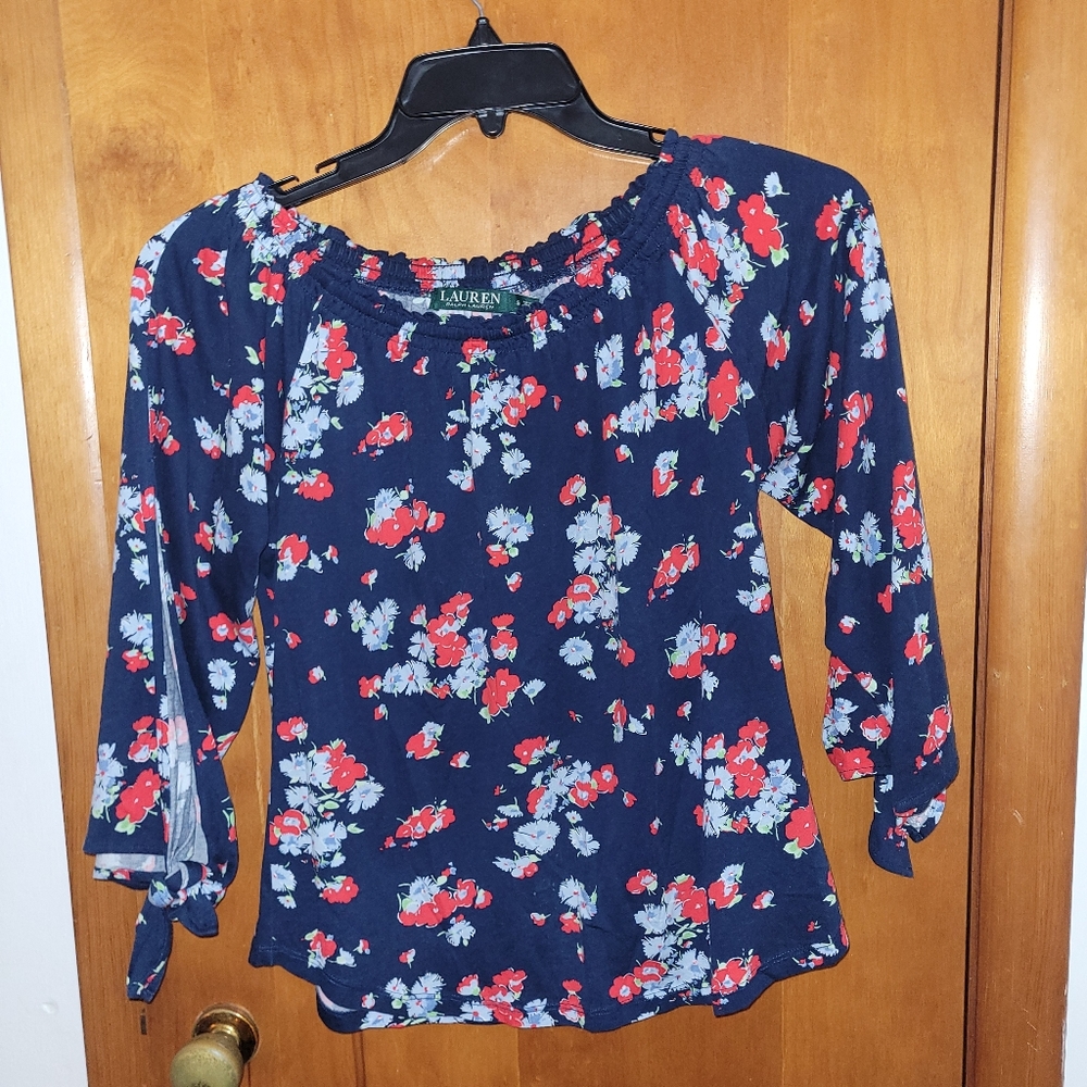 Ralph Lauren Blue Floral Open Sleeve Blouse